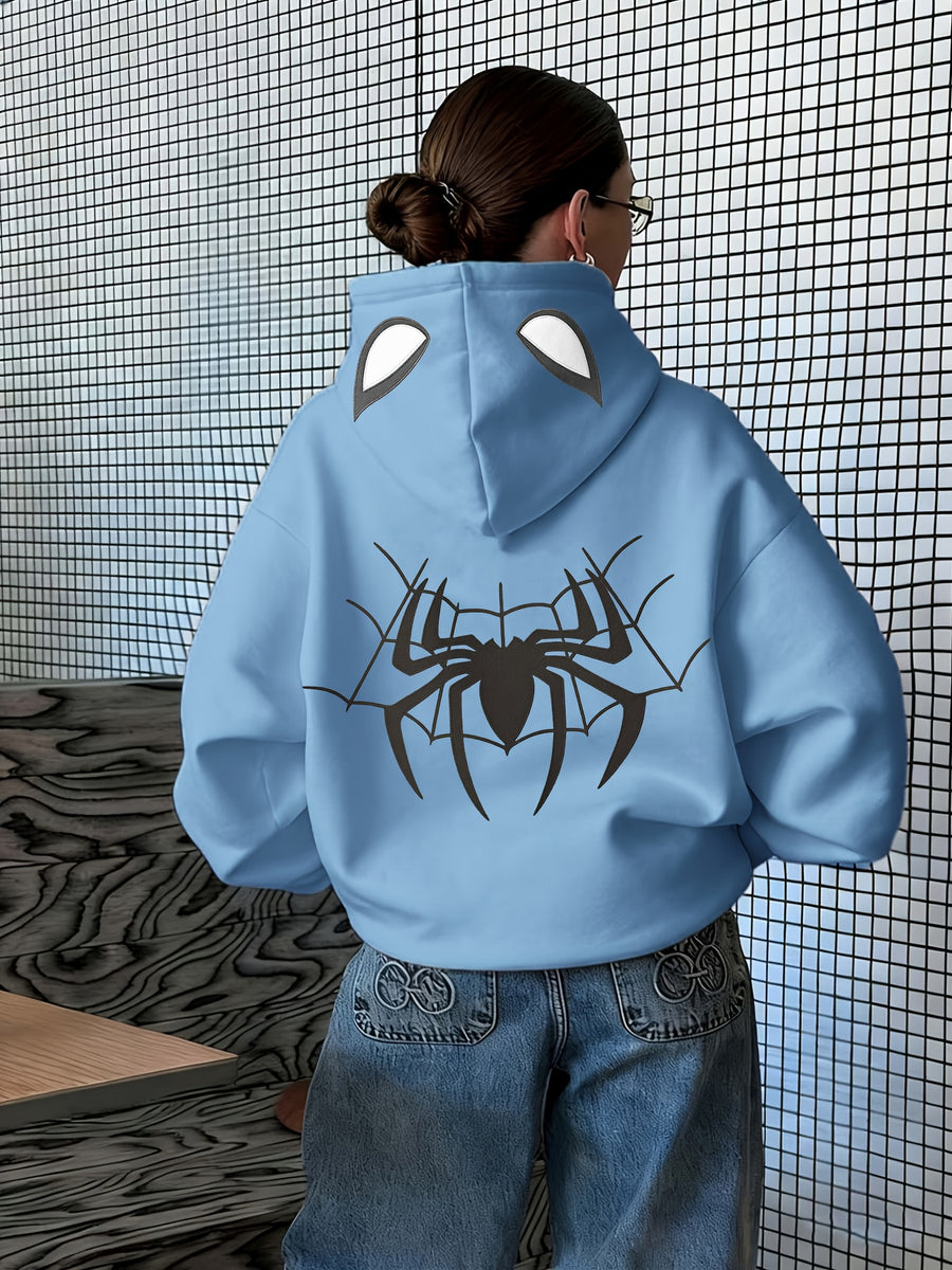 A Trendy Hooded Sweatshirt Featuring a Stylish and Versatile Spiderweb Print, Suitable for Autumn and Winter, Women's Clothing - Light Blue