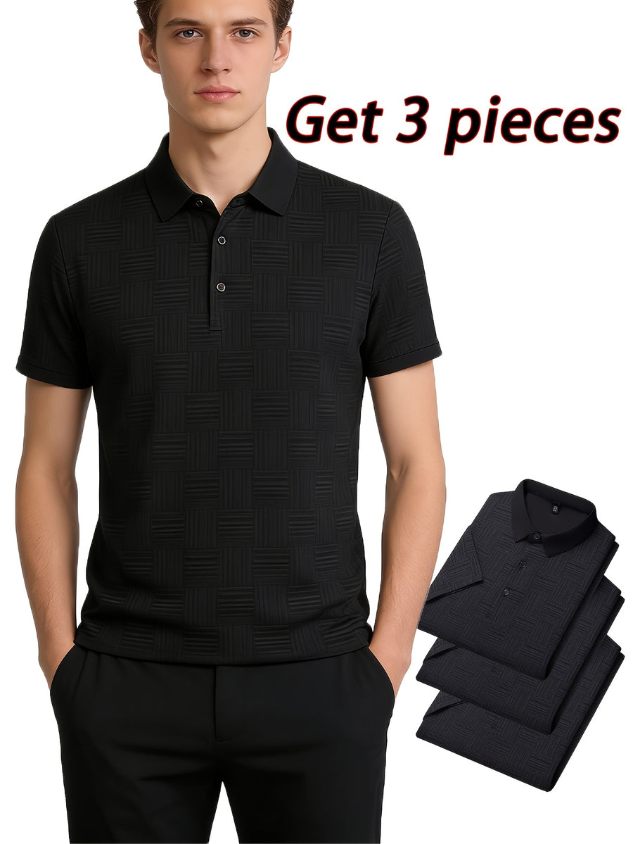 3pcs Set Upon Arrival, Men'S Summer Quick-Drying Breathable Polo Shirt, Commute Lapel Casual Top - Black