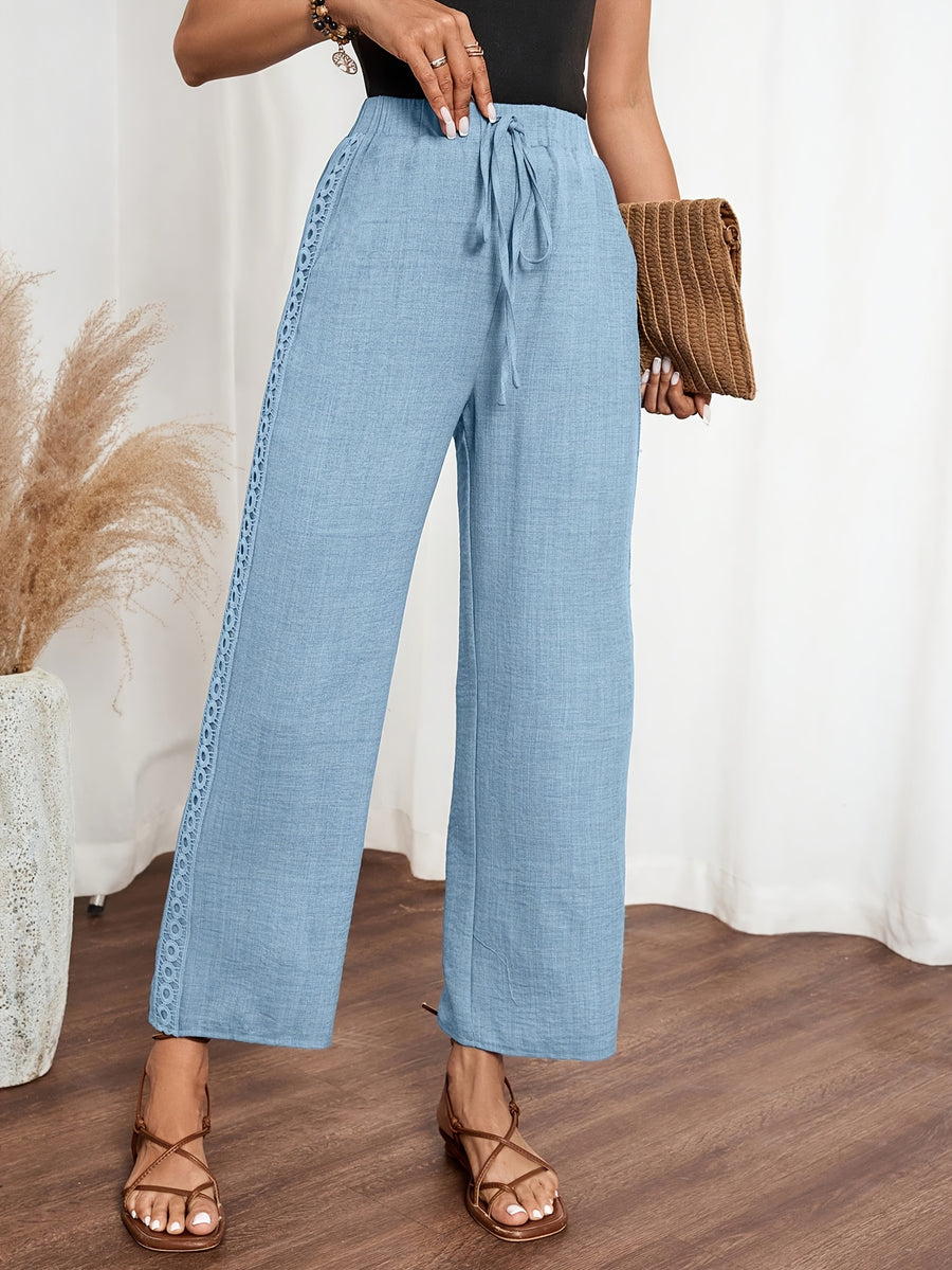 Women'S Solid Color Long Pants, Side Seam Lace Trim, Casual Wear, Loose Trousers - Light Blue