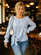 Women's Elegant Loose-Fit Striped Shirt with Bow Tie Hem, Round Neck, Long Sleeves, and Flared Sleeves - Blue Stripes
