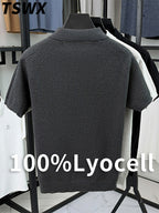 TSWX 100% Summer Knitted Solid Color Lapel Sweater, Basic POLO Knit Shirt, Men's Fashion Knit Short Sleeve Top, Men's Outerwear, Ideal - Grey