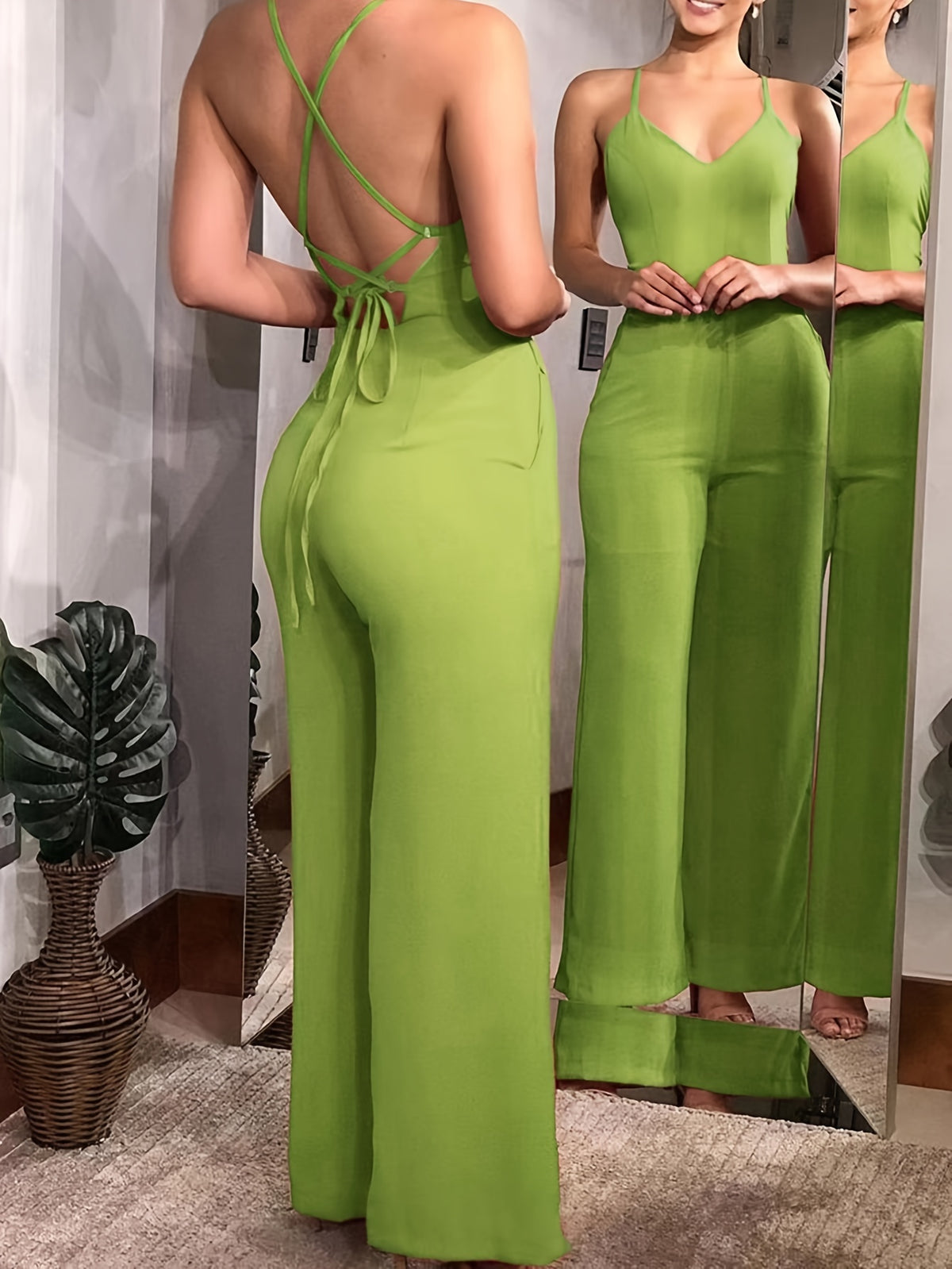 (Same Style on ) Women'S Suspender Jumpsuit Summer Fashion Sexy Backless Dress Women'S Outing Party Vacation Elegant Slim Fit Jumpsuit Long Pants Women'S Clothing - Yellow-green