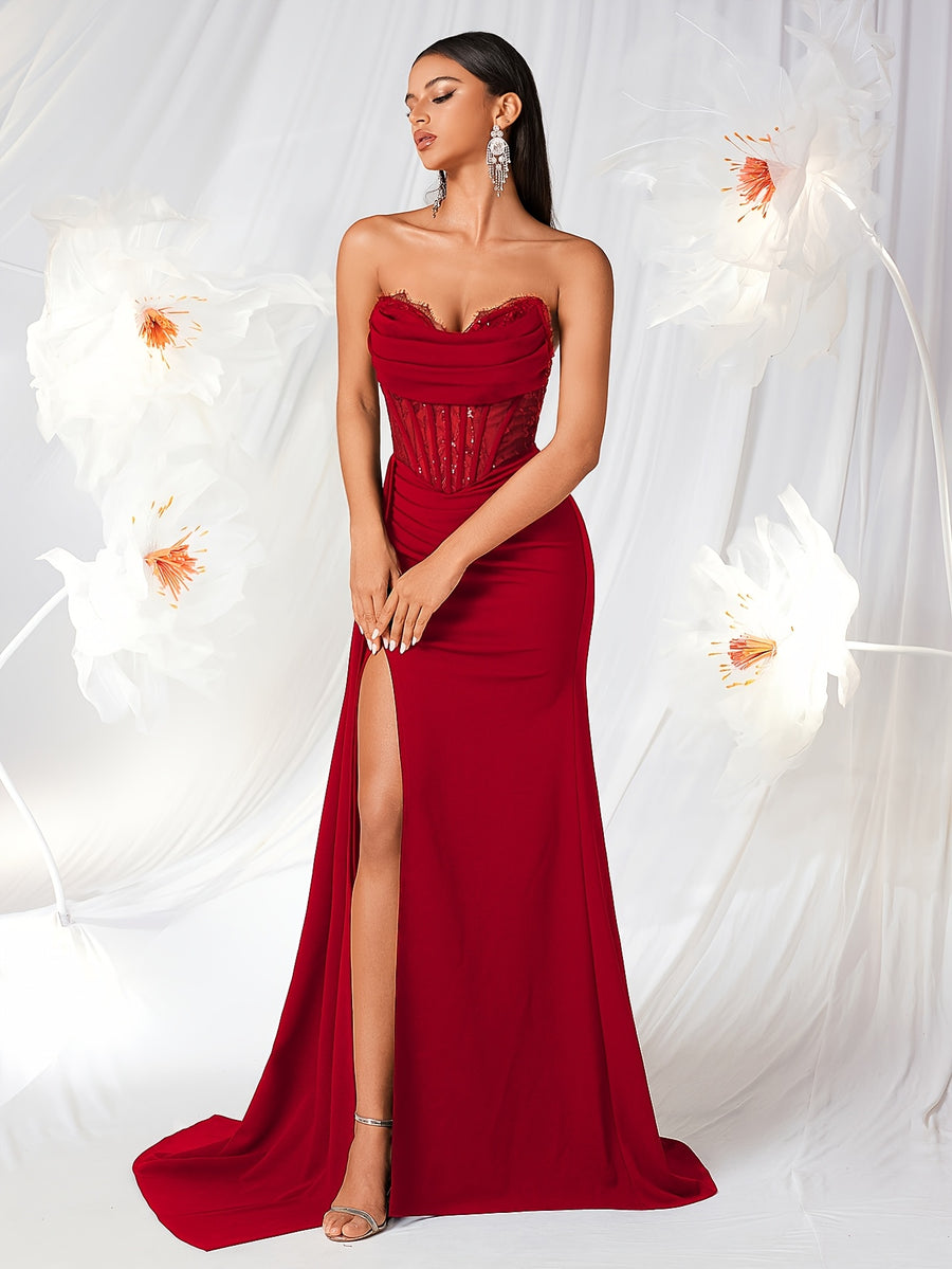 Tube Top with Small V-Neck, Mesh Panel, Sheer Long Ribbon, Slit, and Back Tie for Prom, Party, Formal Dress, Graduation Ball, Birthday Party, Evening Date, Back-to- Party, Wedding Guest, and Formal Dinner - Red