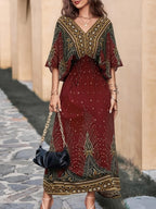 Summer Bohemian Women's Dress, Thin Beach Vacation Dress, 4 Colors Available, High Waist V-Neck Maxi Dress with Batwing Sleeves - Loose, Comfortable, and Breathable - Burgundy