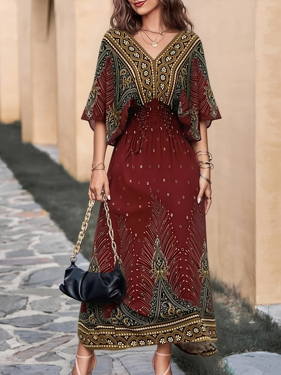 Summer Bohemian Women's Dress, Thin Beach Vacation Dress, 4 Colors Available, High Waist V-Neck Maxi Dress with Batwing Sleeves - Loose, Comfortable, and Breathable - Burgundy