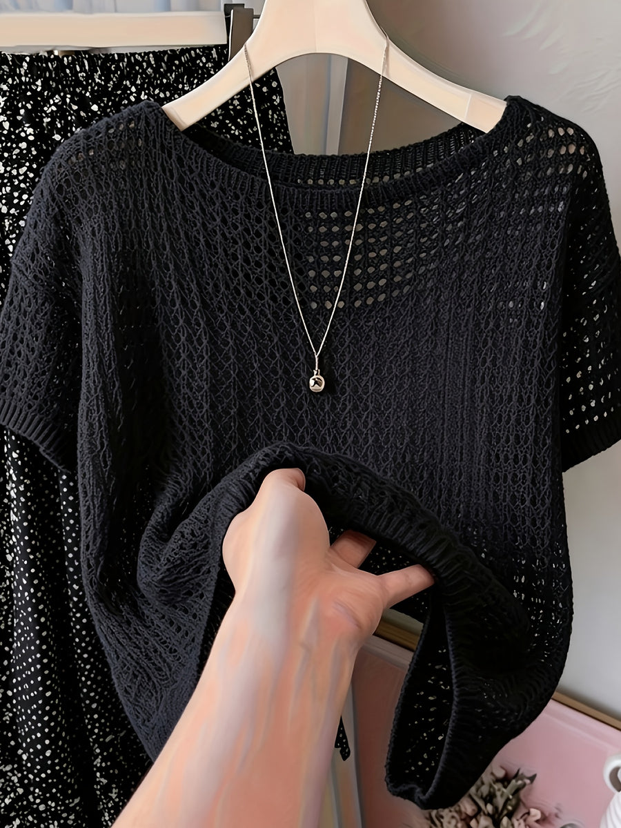Women's Hollow Out Short Sleeve Blouse Sweater - Semi-Sheer Crochet Round Neck Lightweight Summer Top, Breathable Loose Pullover Blouse Suitable for Daily Wear & Vacation, Machine Washable Solid Color Crochet Knitwear - Black