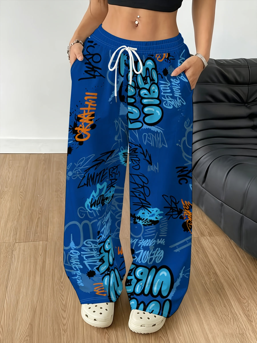 High Street Trendy Women'S Casual Athletic Pants, Full Width Blue Graffiti Font, Drawstring High Waist, Loose Floor-Length Casual Trousers. Printed Design – Not Textured - Mixed colors