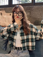 Short Sleeve Plaid Long Sleeve Casual Shirt for Women - Green Plaid