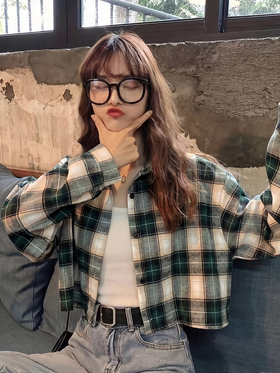 Short Sleeve Plaid Long Sleeve Casual Shirt for Women - Green Plaid