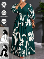 Plus Size Abstract Print V-Neck Lantern Sleeve Midi Dress, Women'S Tie-Waist A-Line Flowy Casual Party Long Dress - Green