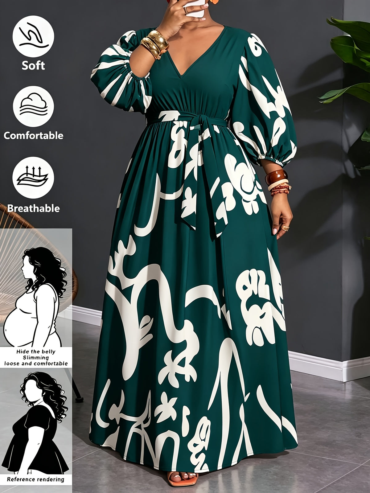 Plus Size Abstract Print V-Neck Lantern Sleeve Midi Dress, Women'S Tie-Waist A-Line Flowy Casual Party Long Dress - Green
