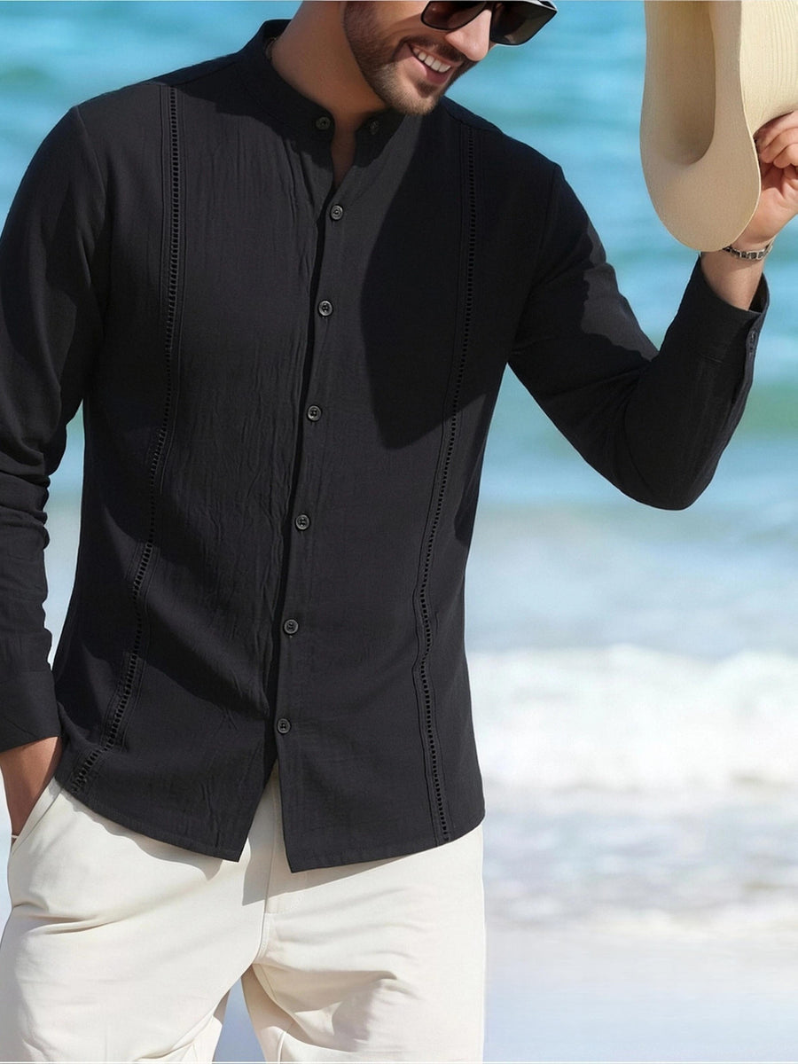 [Mai Qiqi OBM] Men'S Beach Vacation Shirt Stand-Up Collar Linen Lace Texture Long-Sleeved Top Light And Breathable Summer Vacation Outfit - Black