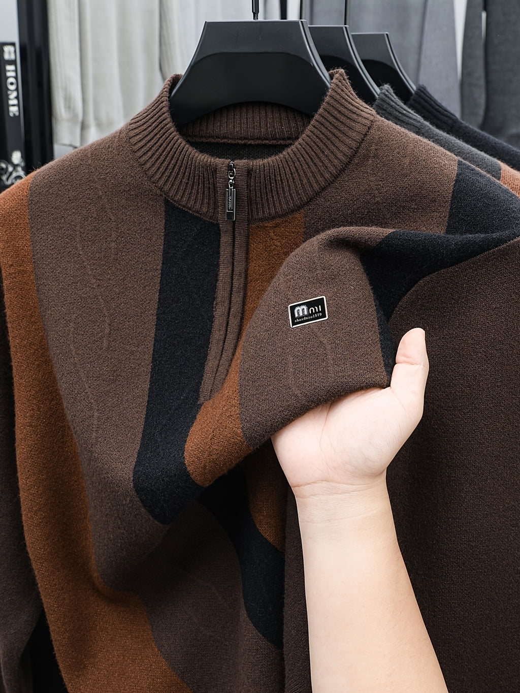 Minimalist Urban Half-Zip Sweater - High Neck Zippered Cardigan with Striped Suitable for Daily Commuting, Fall Winter Warmth, Casual Office Wear, Hand Washable Layering Piece for -Casual Outfits - Coffee