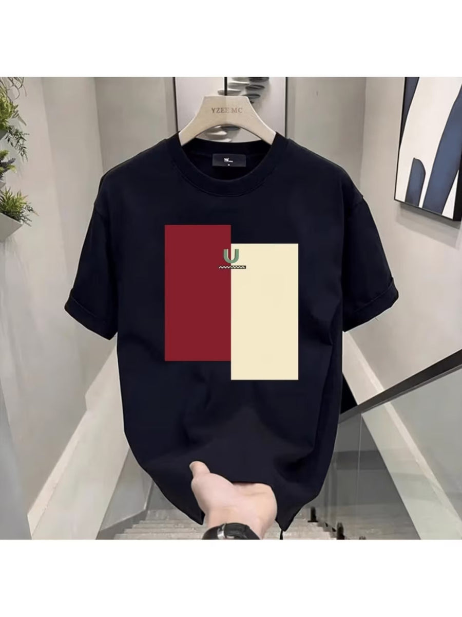 Men's Minimalist Color-Block T-Shirt- Fashionable Casual Style, Soft Breathable Fabric, Round Neck Short Sleeve for Summer, Trendy T-Shirt - Black