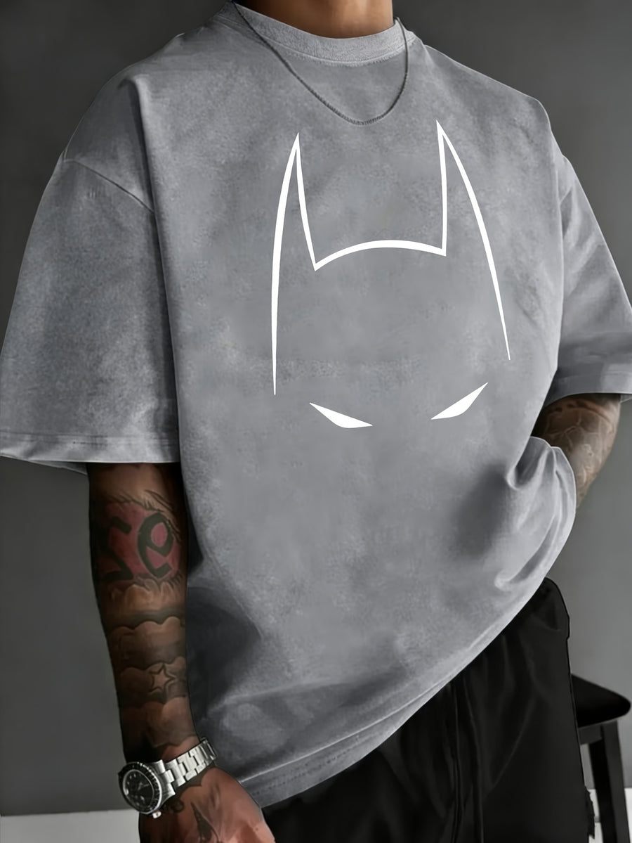 Licensed by WB Warner, Men's Old Cotton 100% Cotton Washed Crew Neck T-Shirt, Mask Contour Minimalist Graphic Design, Loose Version, Men's Casual Cotton Versatile Loose Summer Short Sleeve T-Shirt - Grey 1