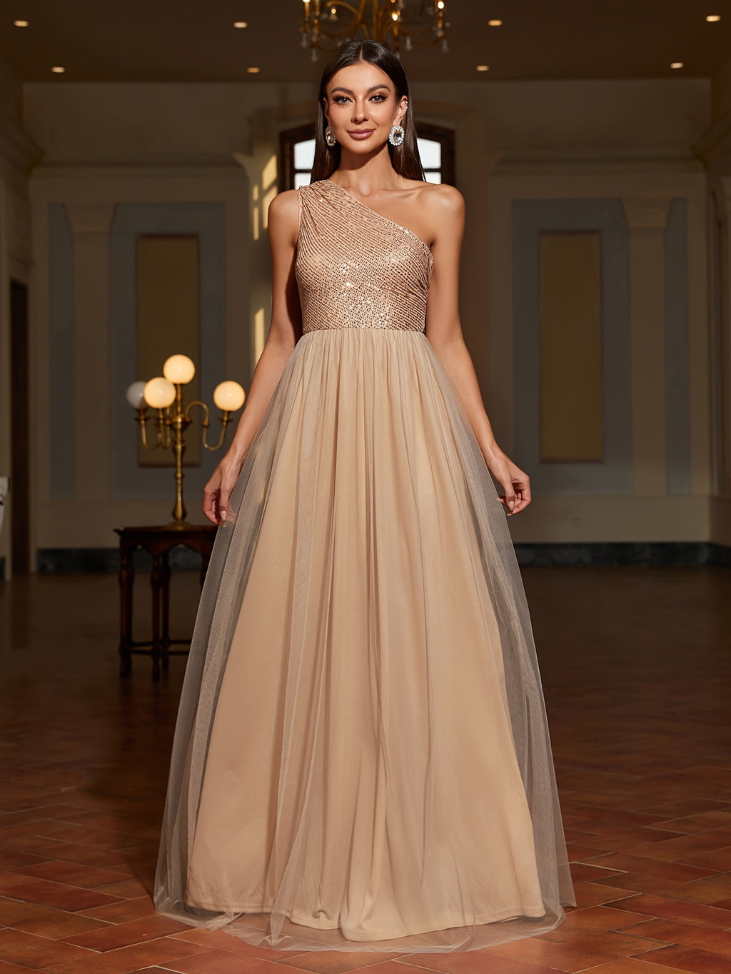 One-shoulder Sequin Patchwork Mesh Dress, Family Gathering Birthday Party Dress, Elegant and Fashionable Dress, Women's Long Dress, Party Dress, New Style, Women's Evening Gown, Host Performance Dress, Bridesmaid Dress, Prom Evening Gown - Champagne