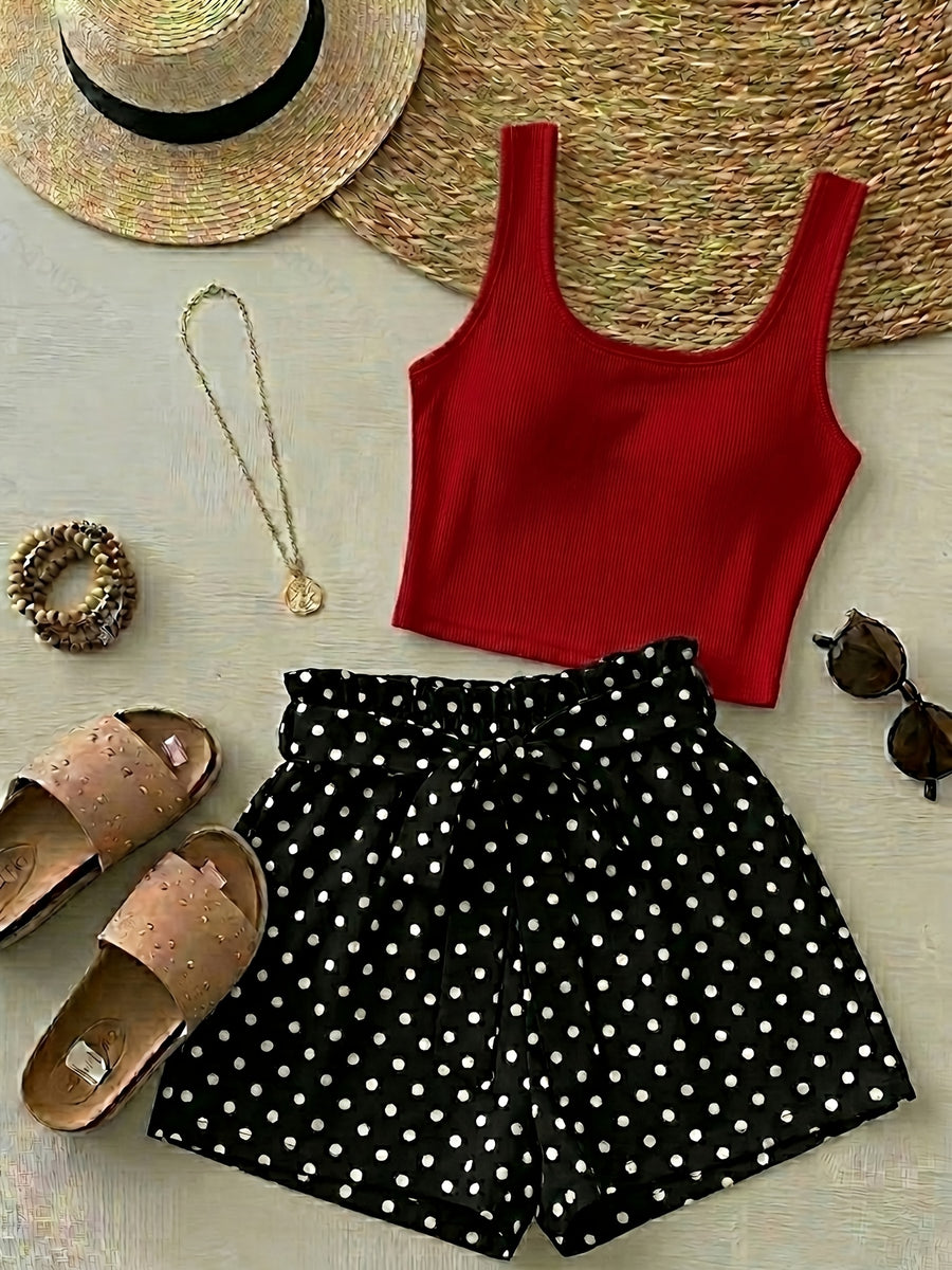 Summer Vacation Style Bright Orange Camisole + Tie-Side Shorts 2pcs Set - Red suspender top + Black polka dot shorts