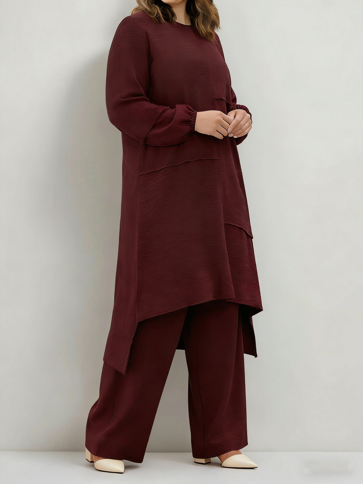 Eid Muslim 2pcs Jilbab Set | Modest Abaya with Wide Leg Pants | Traditional Daily Commute Wear - Burgundy