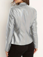 Women's Elegant PU Jacket - 2025 New Style Women's Jacket Outerwear - Full Zip Long Sleeve Motorcycle Biker Jacket for Women, Spring, Autumn, Winter Outerwear, Suitable for Casual and Formal Wear, Durable, Structured Fit, Stand Collar - Silvery