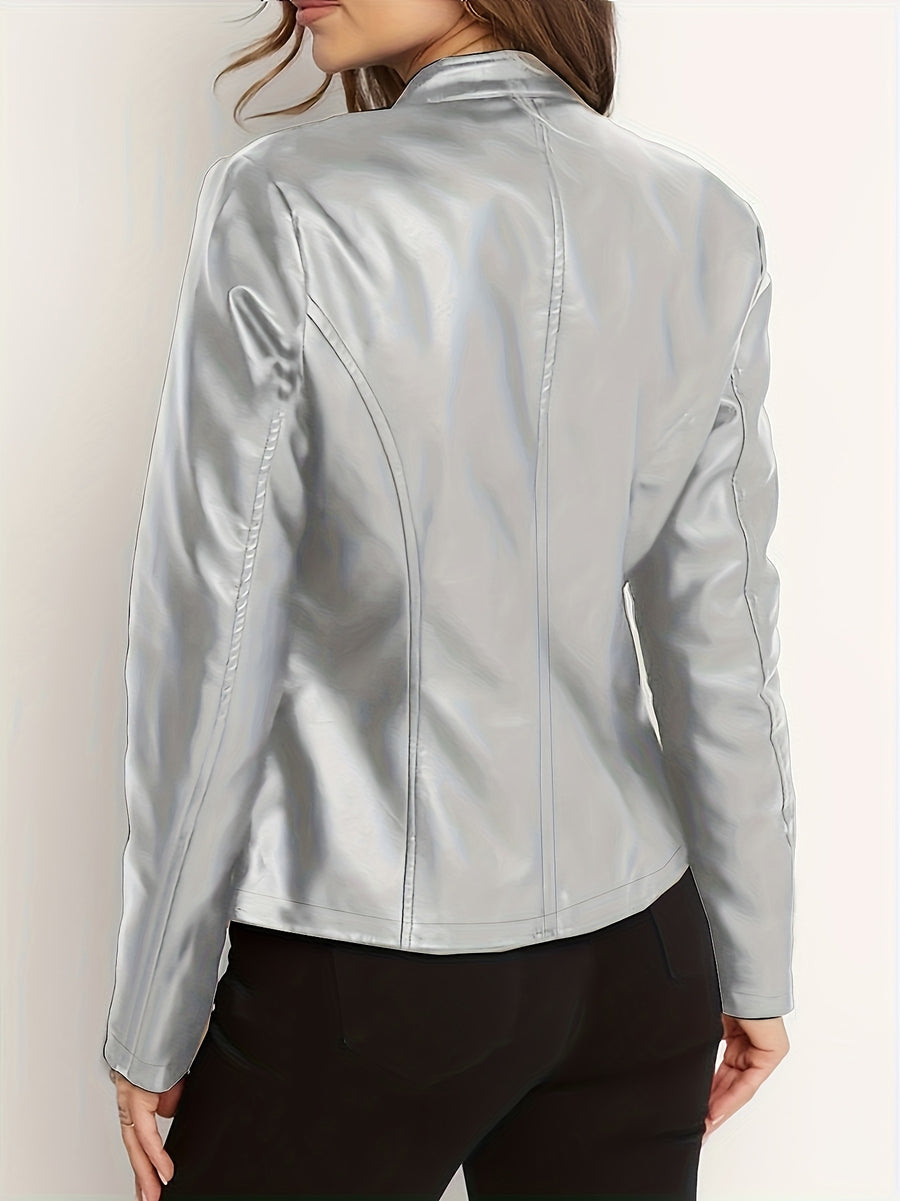 Women's Elegant PU Jacket - 2025 New Style Women's Jacket Outerwear - Full Zip Long Sleeve Motorcycle Biker Jacket for Women, Spring, Autumn, Winter Outerwear, Suitable for Casual and Formal Wear, Durable, Structured Fit, Stand Collar - Silvery