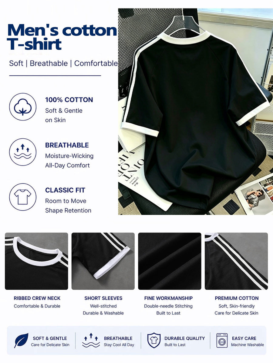 Warner Officially, Men's Summer 100% Cotton Raglan Sleeve Side Stripe T-shirt in Contrast Color, Rick American Graffiti Pattern Printing, Daily Commute Leisure Travel, Couple Style, Early Autumn Inner Wear - Black