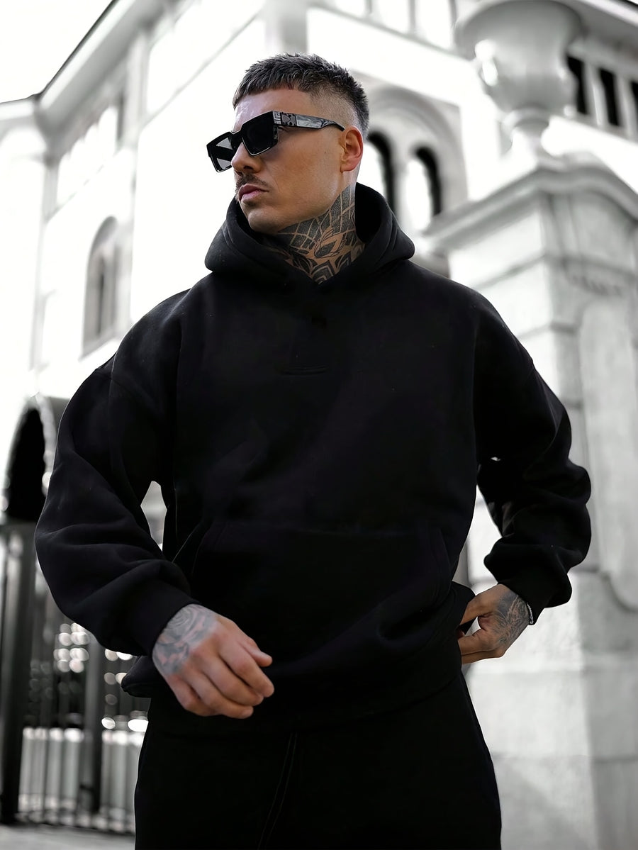 American Heavyweight Hooded Sweatshirt Men'S Black White Gray Solid Loose Drop Shoulder Hoodie 2pcs Set Trendy Casual Streetwear - Black+Grey
