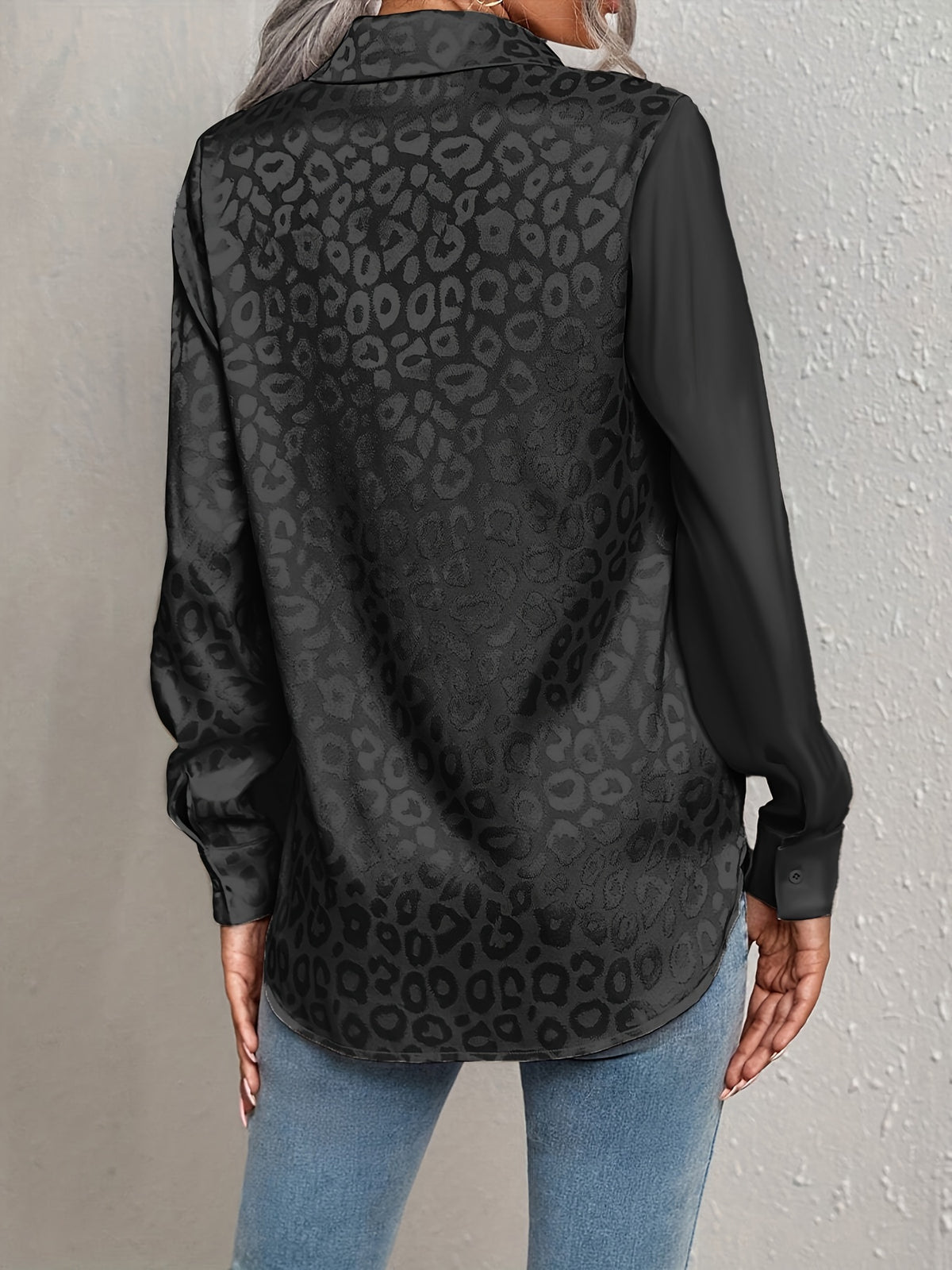 Leopard-Print Jacquard Two-Tone Patchwork Satin Buttoned Long-Sleeve Collared Shirt - Black
