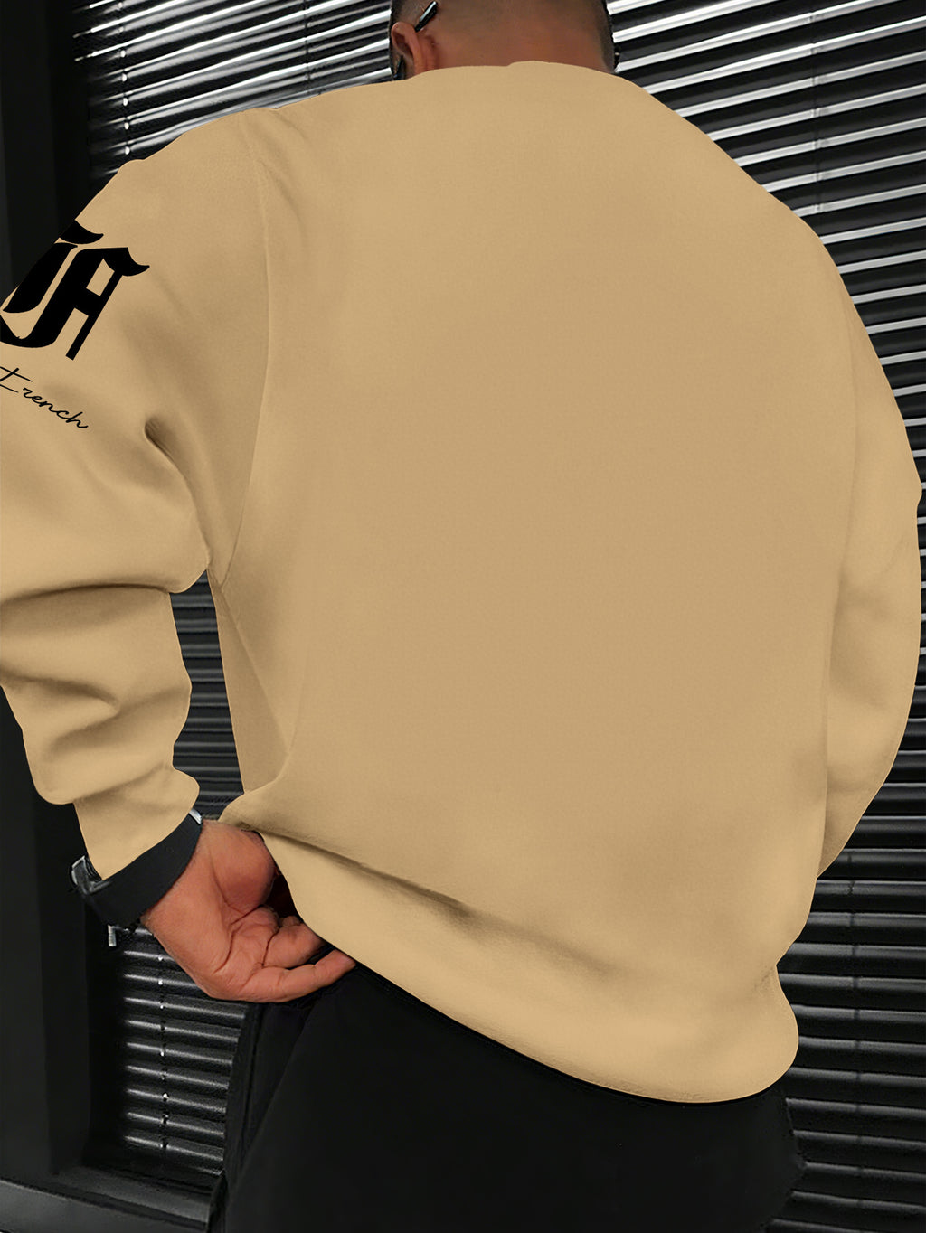 Men's Casual Streetwear Sweatshirt with Black and Red Striped Letter Print - Khaki
