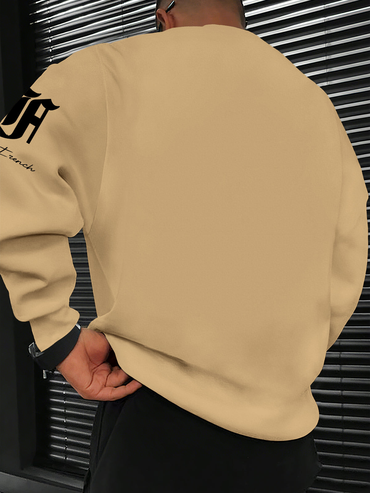 Men's Casual Streetwear Sweatshirt with Black and Red Striped Letter Print - Khaki