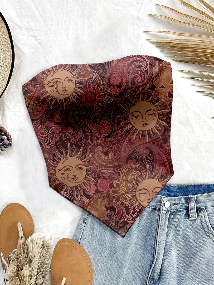 Women'S Spring/Summer New Brand Special Boho Beach Tropical Vacation Outfits | Retro Sun Pattern Print Slim Fit Bustier Crop Tops with Asymmetrical Bandeau Collar - Reddish Brown