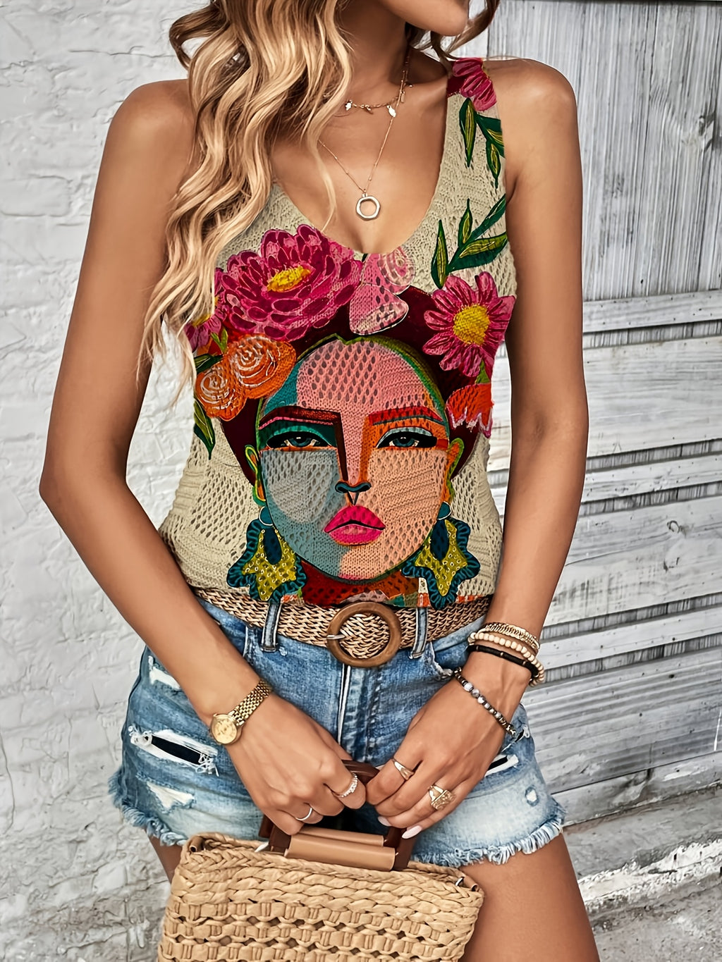 Women's Spring/Summer Sleeveless Tank Top, Early Spring Hollow-Out Versatile Regular V-Neck Inner Layer Tank Top, Summer Soft Comfortable Breathable Hollow-Out Elegant Temperament Nap Tank Top, Fresh Floral Portrait Print Simple High-End Versatile - Rose Red
