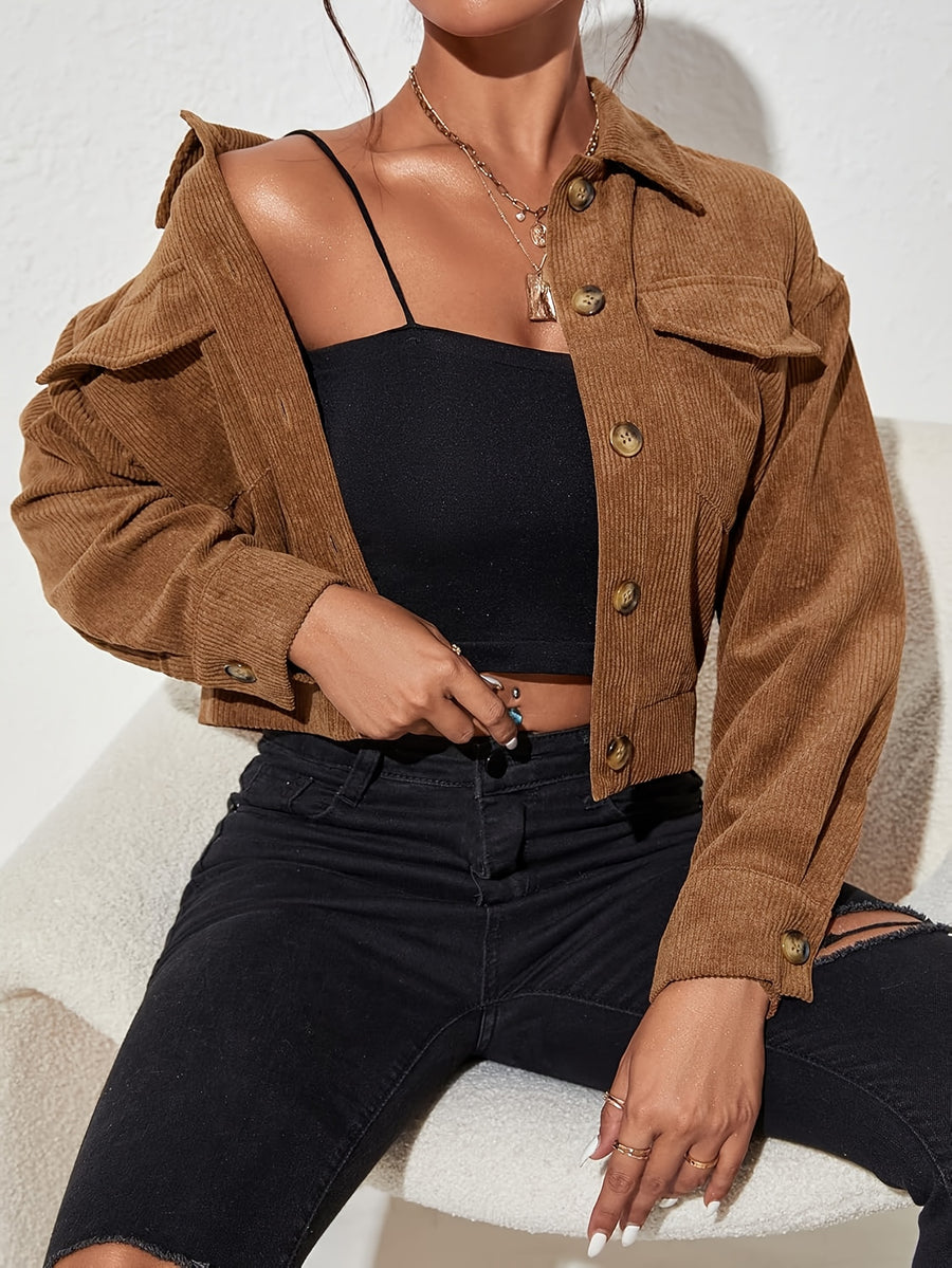 Stylish Women's Jacket on - Valentine's Day New Arrival, Hot Women's Outfit, Solid Color Corduroy Pocket Collar Long Sleeve Coat, Casual Jacket. Suitable for Casual to Semi-formal Wear, Layering, Classic Design, Exquisite Details, Fashionable Top - Sepia