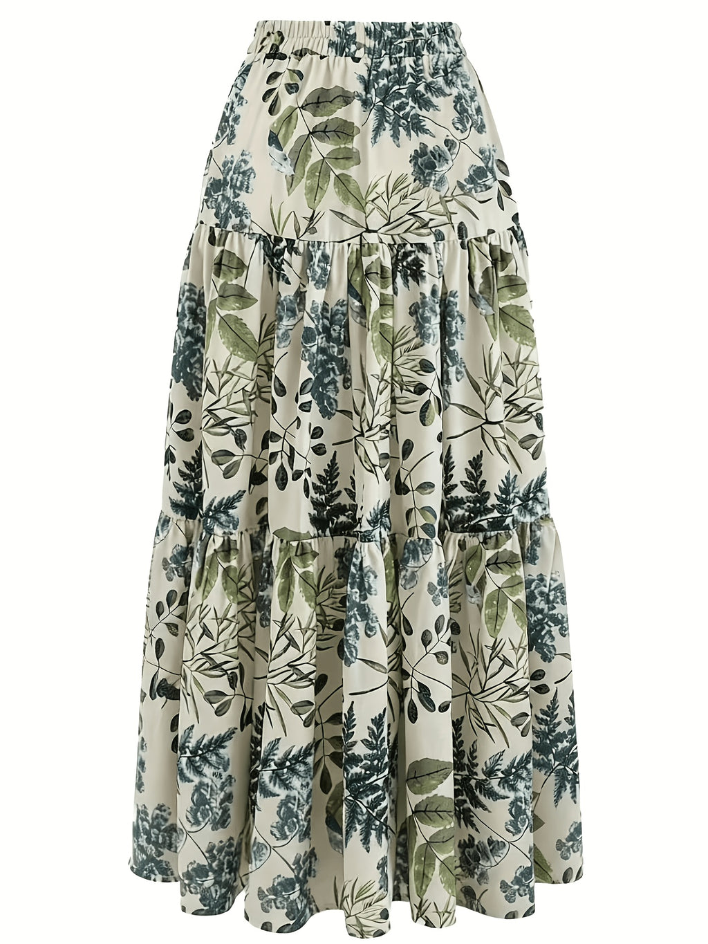 Women's Long Printed Layered Skirt, Non-stretch Fabric, Elastic Waist, Flowy Maxi Dress for Summer Vacation - Green