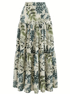 Women's Long Printed Layered Skirt, Non-stretch Fabric, Elastic Waist, Flowy Maxi Dress for Summer Vacation - Green