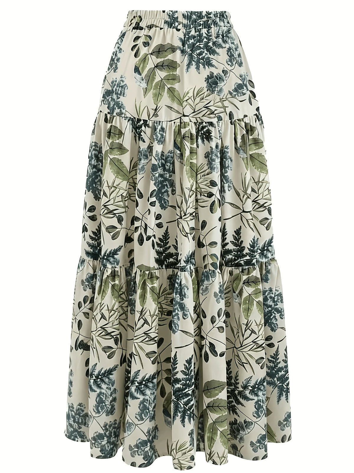 Women's Long Printed Layered Skirt, Non-stretch Fabric, Elastic Waist, Flowy Maxi Dress for Summer Vacation - Green