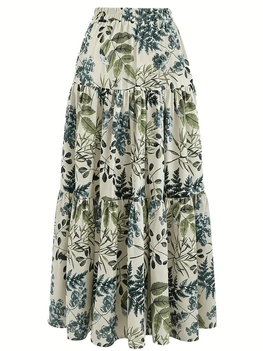 Women's Long Printed Layered Skirt, Non-stretch Fabric, Elastic Waist, Flowy Maxi Dress for Summer Vacation - Green
