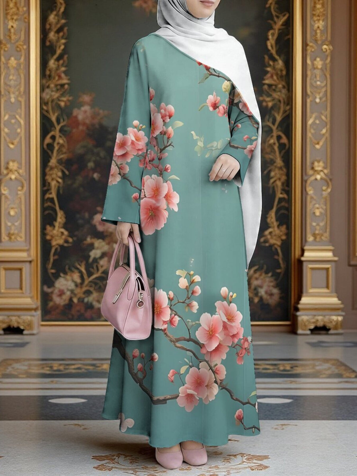 Women'S Hot Middle Eastern Style Muslim Elegant Robe, Pea Green Background with Peach Blossom Branch Print Dress, Grand Light Luxury Long Sleeve Flared, for Prayer, Banquet, And Daily Outings, Breathable And Durable Non- Craft - Mixed colors