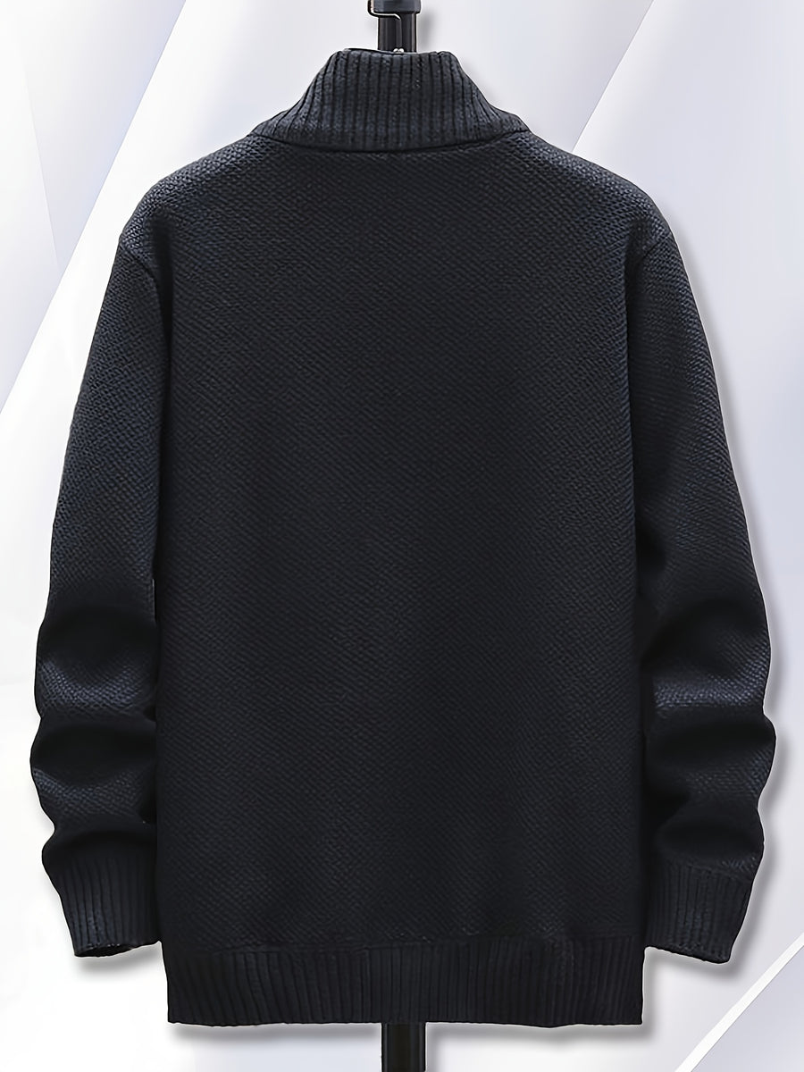 1pc Single Piece Men'S Autumn And Winter Stand Up Collar Knitted Sweater Jacket, Autumn And Winter Knitted Sweater Zipper Cardigan, Casual Thick Warm Sweater Jacket (Solely Includes 1 Jacket) - Black
