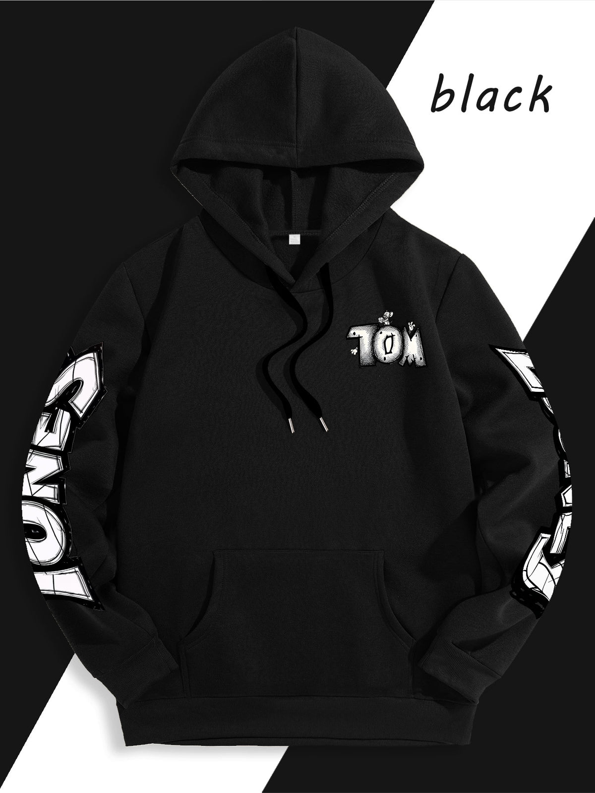 Men's Warner Bros. Vacation Hand-Drawn Sketch Print Hooded Sweatshirt, a Loose and Casual Hoodie Suitable for Animation IP Enthusiasts, Daily Commutes to School, Streetwear, and  Outfits for Couples and Best Friends - Black