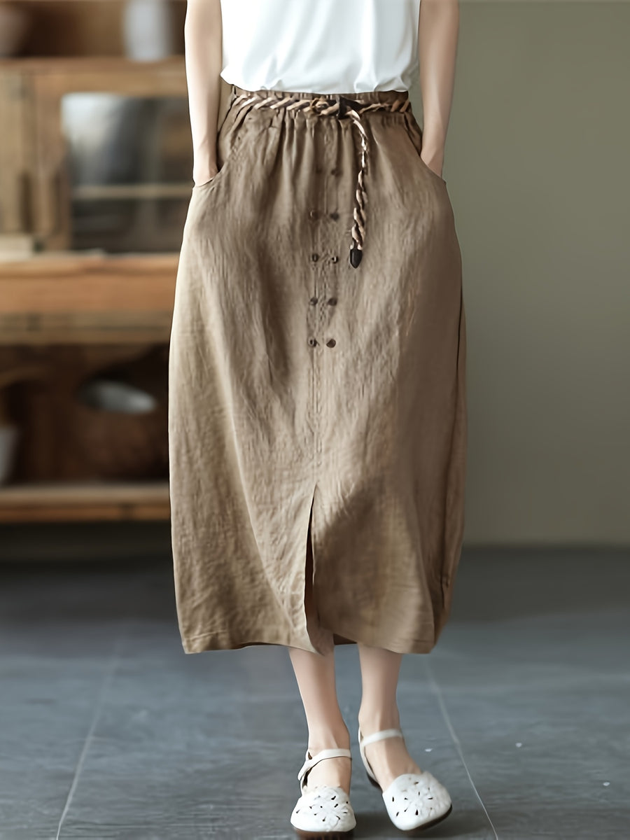 Women's Workwear A-Line Skirt with Elastic Waist, Mid-Length Solid Color Slit Skirt (Belt and Drawstring Not Included) - Khaki