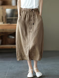 Women's Workwear A-Line Skirt with Elastic Waist, Mid-Length Solid Color Slit Skirt (Belt and Drawstring Not Included) - Khaki