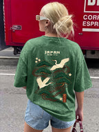 2026 Fashionable Trendy New Distressed Design Japanese Crane Pine Branch Print American Vintage Street Style Women'S Distressed All-Match Casual Retro Short Sleeve T-Shirt - Green