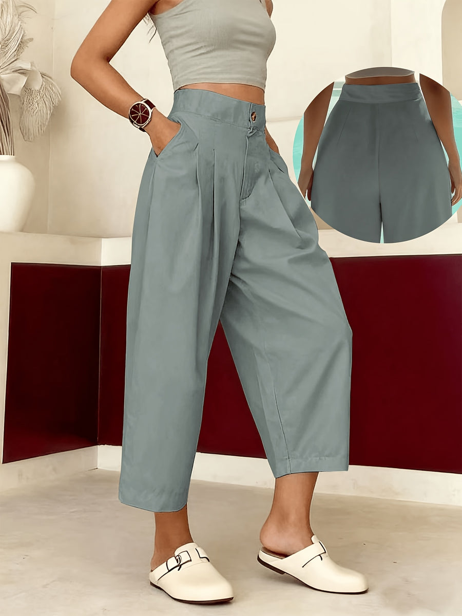 Women'S Casual Solid High-Waist Capri Pants - Comfortable Elastic Waist, Pocketed Perfect for Spring And Fall - Grey