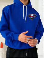 Warner Bros. Official Light and Shadow Superman S-Logo Printed Hooded Sweatshirt — Unisex Loose Pullover, Suitable for Casual, Sports, and Daily Wear, Machine Washable and Warm, for Autumn and Winter - Blue