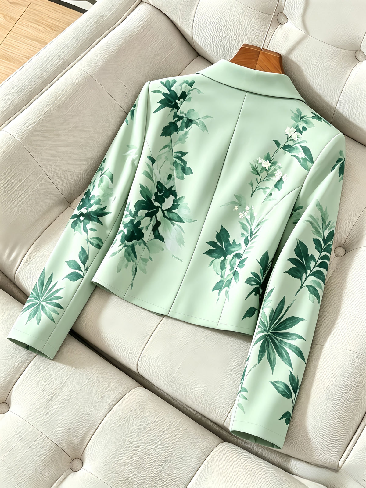 Women'S Elegant Light Green Base Plant Print Short Vest Suit Jacket, Unlined - Light Green