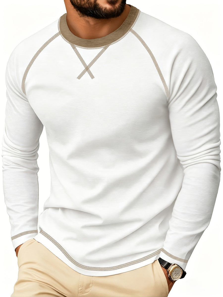 Cross-Border New Men'S Long Sleeve Round Neck T-Shirt, Outwardly Oriented Western Men'S Clothing Color-Blocked Top Base Layer - White