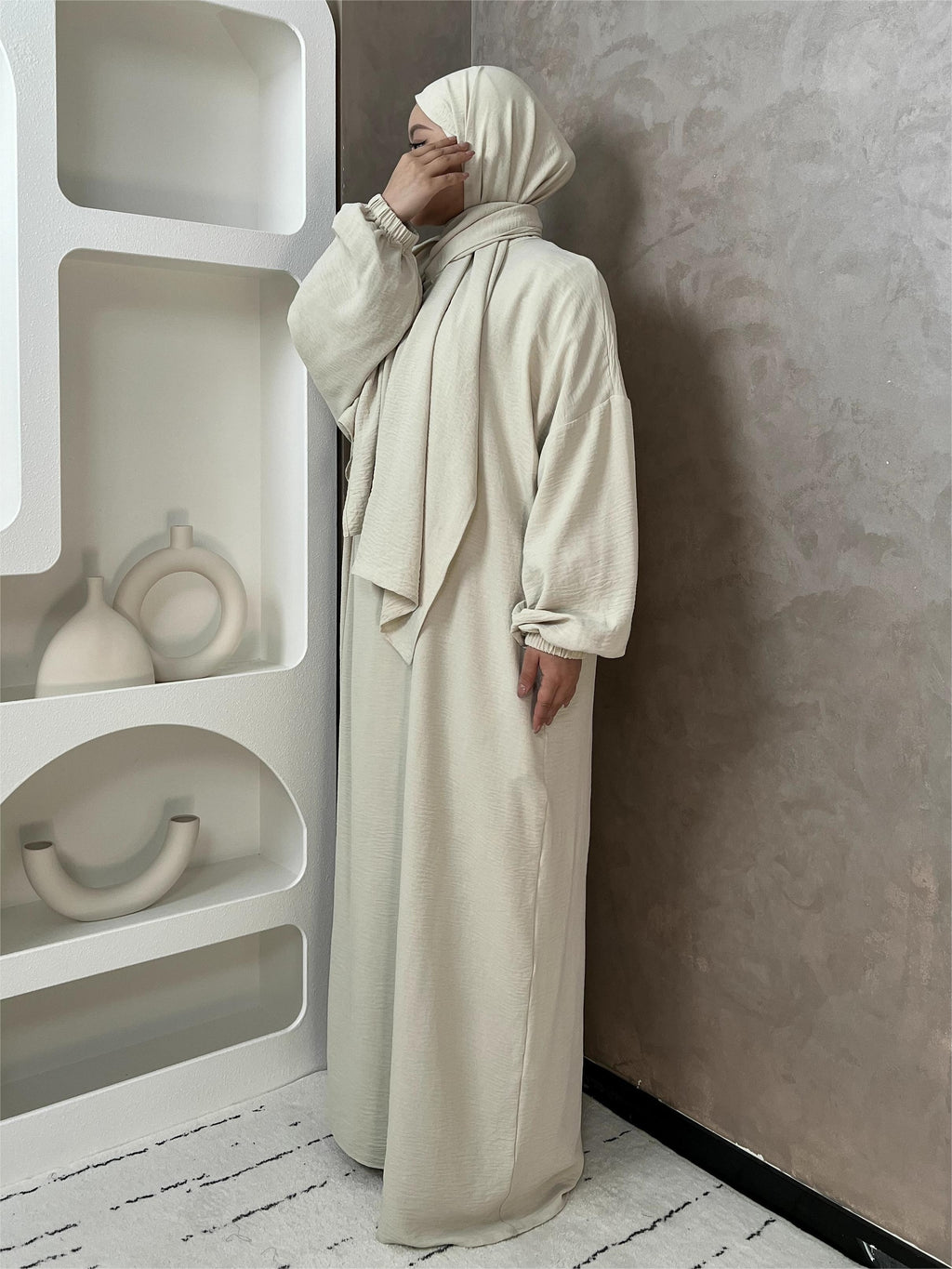 IRONFREE Elegant Crepe Hooded Abaya Hijab with Attached Scarf & Pockets - Modest Long Sleeve Full Coverage Prayer Dress, Machine Washable Medium Stretch Solid Color All-Season Traditional Muslim Women's Clothing, Muslim Clothes, Modest Apparel, Medium - Apricot