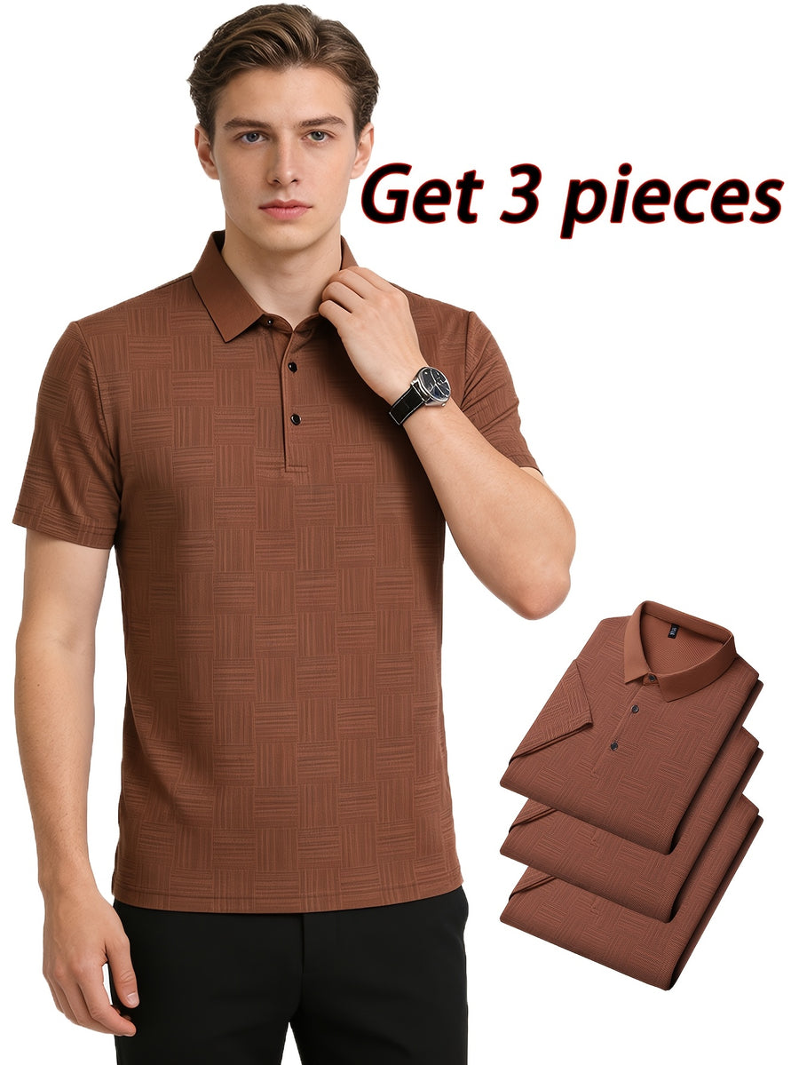 3pcs Set Upon Arrival, Men'S Summer Quick-Drying Breathable Polo Shirt, Commute Lapel Casual Top - Coffee Color