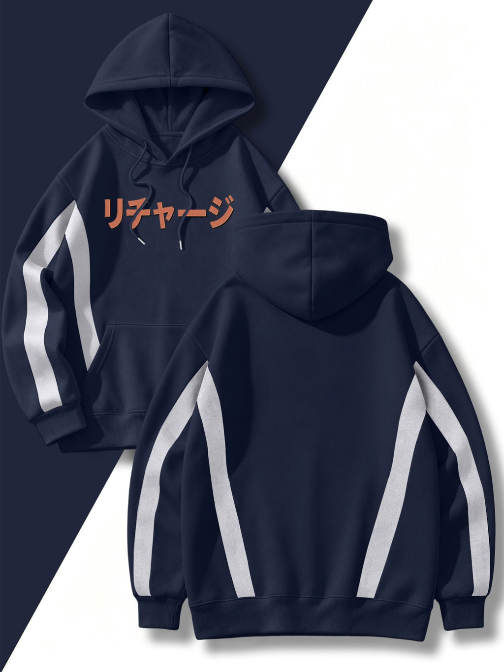 4pcs 2026 Autumn/Winter Men's Street Style Hooded Sweatshirt with Diagonal Contrast Color Line Cutting on Sleeves, Long Sleeves, Adjustable Drawstring, Large Capacity Kangaroo Pocket for Phone Storage, Skin-Friendly and Warm, Versatile Pullover - Navy Blue+Navy Blue+Navy Blue+Navy Blue