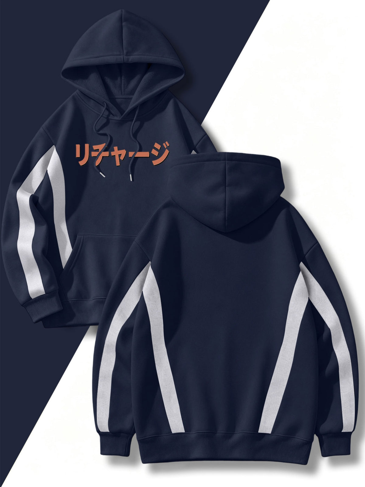 4pcs 2026 Autumn/Winter Men's Street Style Hooded Sweatshirt with Diagonal Contrast Color Line Cutting on Sleeves, Long Sleeves, Adjustable Drawstring, Large Capacity Kangaroo Pocket for Phone Storage, Skin-Friendly and Warm, Versatile Pullover - Navy Blue+Navy Blue+Navy Blue+Navy Blue